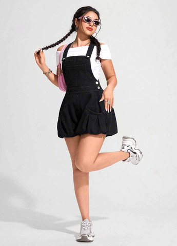 Комбинезон SHEIN комбинезон-шорты однотонный чёрный денил, кэжуал хлопок, джинс