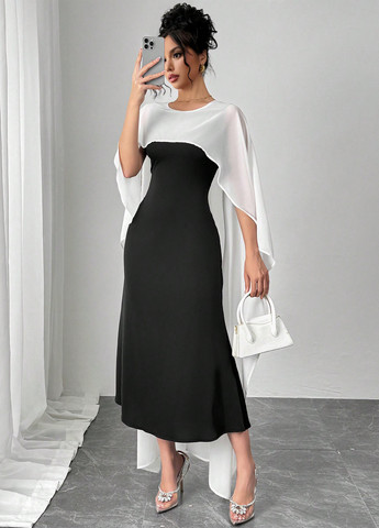 Чорно-білий вечірня, кежуал сукня сукня-кейп SHEIN колор блок