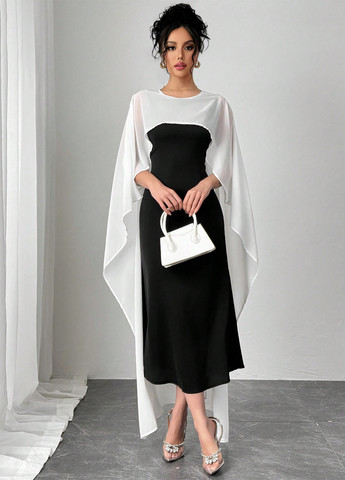 Чорно-білий вечірня, кежуал сукня сукня-кейп SHEIN колор блок