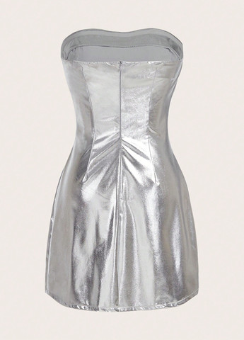 Срібна коктейльна сукня з відкритими плечима SHEIN однотонна
