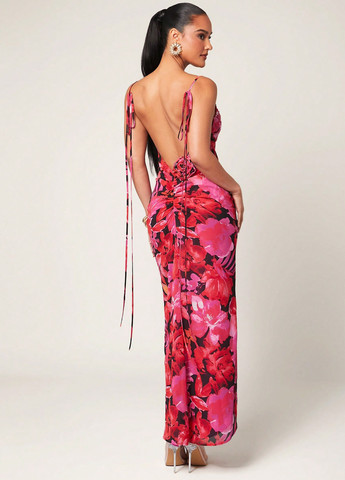 Красное праздничный, вечернее, кэжуал платье силуэтная, с открытой спиной SHEIN с цветочным принтом
