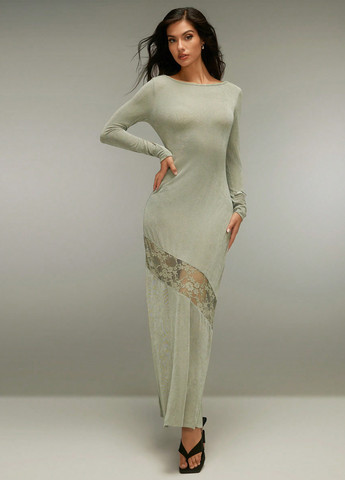 Сіро-зелена святковий, кежуал сукня з відкритою спиною SHEIN однотонна