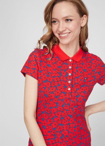Красная женская футболка-поло Tommy Hilfiger с цветочным принтом