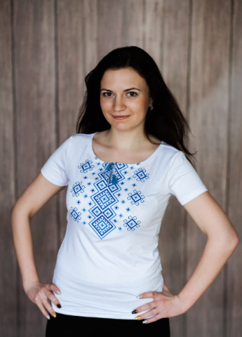 Женская вышитая футболка Карпатский орнамент белая с голубым Melanika (250206165)