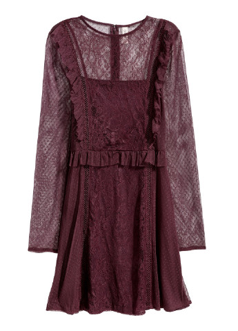 Сливовое коктейльное платье из кружева с оборками H&M однотонное