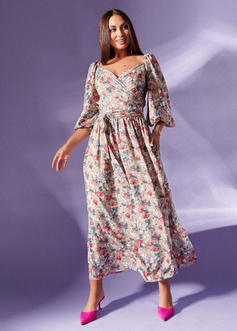 Бежевое кэжуал платье клеш LibeAmore с цветочным принтом