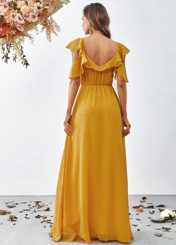 Желтое коктейльное, вечернее платье клеш SHEIN однотонное