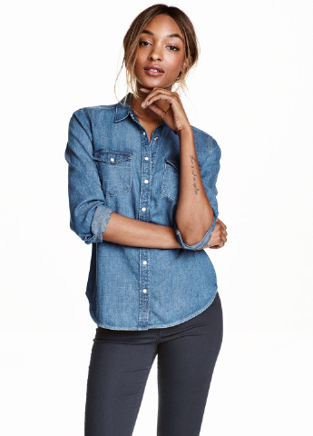 Голубой джинсовая рубашка однотонная H&M с длинным рукавом