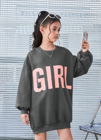SHEIN свитшот надпись темно-серый кэжуал полиэстер, трикотаж