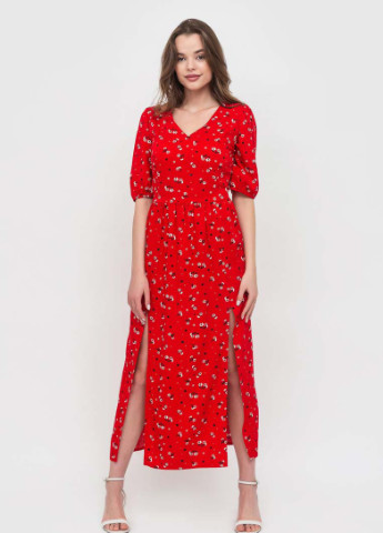 Красное кэжуал платье с разрезами BeART с цветочным принтом