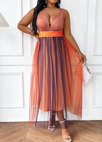 Комбинированное кэжуал, коктейльное платье клеш, с открытой спиной SHEIN колор блок