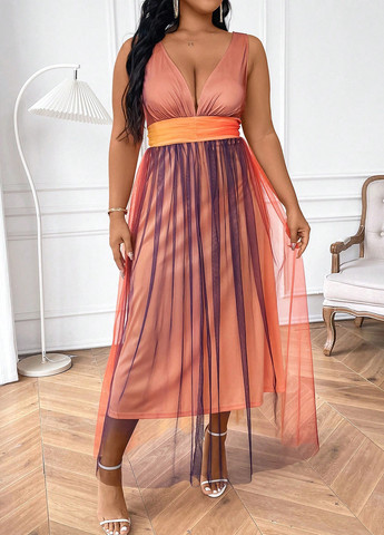 Комбинированное кэжуал, коктейльное платье клеш, с открытой спиной SHEIN колор блок