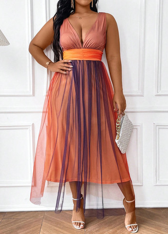 Комбинированное кэжуал, коктейльное платье клеш, с открытой спиной SHEIN колор блок