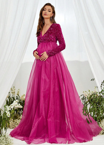 Фуксинова (кольору Фукія) святковий сукня для вагітних а-силует SHEIN однотонна