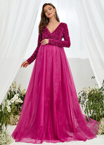 Фуксинова (кольору Фукія) святковий сукня для вагітних а-силует SHEIN однотонна