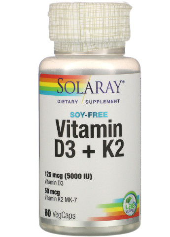 Витамин D3 + K2,, Soy-Free, 60 Вегетарианских Капсул Solaray (228293049)