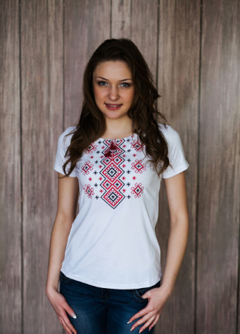 Женская вышитая футболка Карпатский орнамент красная вышивка Melanika (250206181)