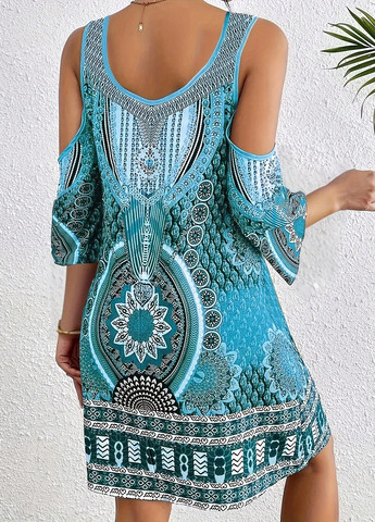 Бирюзовое кэжуал платье а-силуэт, с открытыми плечами SHEIN с геометрическим узором