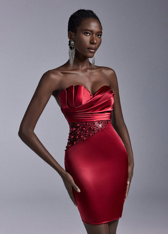 Темно-червона коктейльна, вечірня сукня силуетна, на запах, бандо, з відкритими плечима, з відкритою спиною SHEIN однотонна