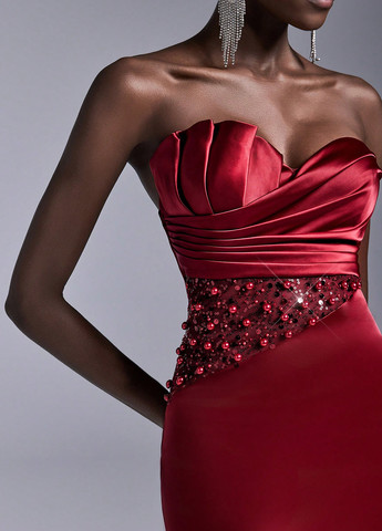 Темно-червона коктейльна, вечірня сукня силуетна, на запах, бандо, з відкритими плечима, з відкритою спиною SHEIN однотонна