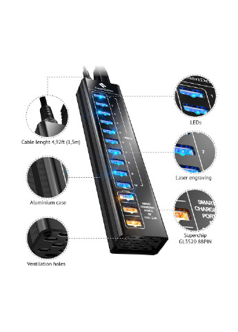 13-портовый алюминиевый USB хаб SmartDelux (Black) (860000150118) Airon 13-портовый алюминиевый smartdelux (black) (860000150118) (138665983)