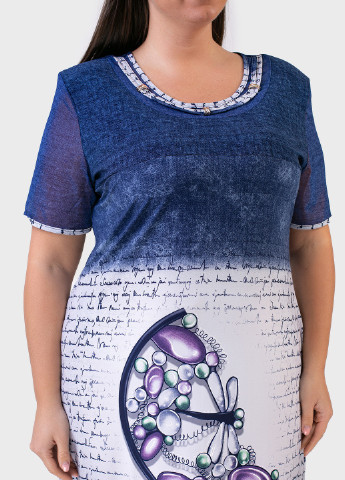 Синее кэжуал платье трикотажное синее + белый с принтом стрекоза art 00030 BABOCHKA XL Collection с абстрактным узором