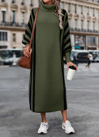 Оливковое (хаки) кэжуал платье платье-свитер, оверсайз SHEIN в полоску