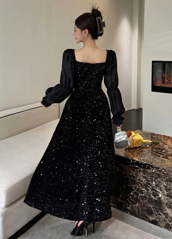 Чорна вечірня сукня кльош SHEIN однотонна