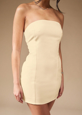 Кремовое коктейльное, кэжуал платье с открытыми плечами SHEIN однотонное