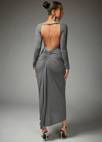 Серебряное вечернее платье силуэтная, с открытой спиной SHEIN меланжевое