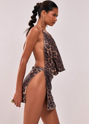 Комбінована відвертий, кежуал сукня з відкритою спиною SHEIN леопардовий