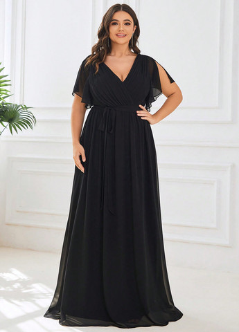 Чорна коктейльна, вечірня сукня на запах, кльош SHEIN однотонна