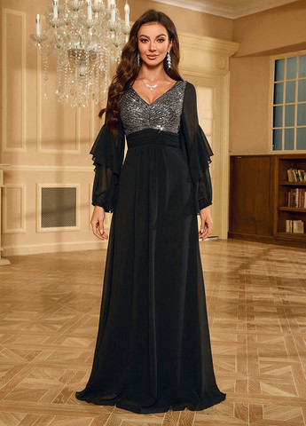 Черное праздничный, вечернее платье а-силуэт, с открытой спиной SHEIN однотонное