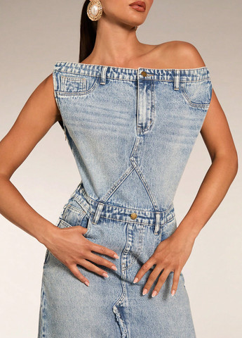 Голубое джинсовое, кэжуал платье а-силуэт SHEIN варенка