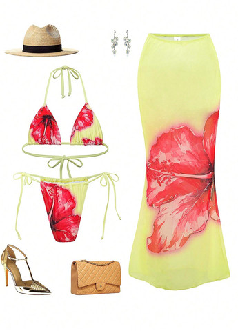 Жовтий літній купальник (ліф, трусики, спідниця) роздільний SHEIN