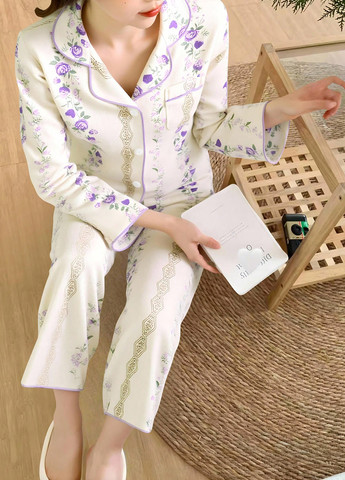 Кремовая всесезон пижама (рубашка, брюки) рубашка + брюки SHEIN