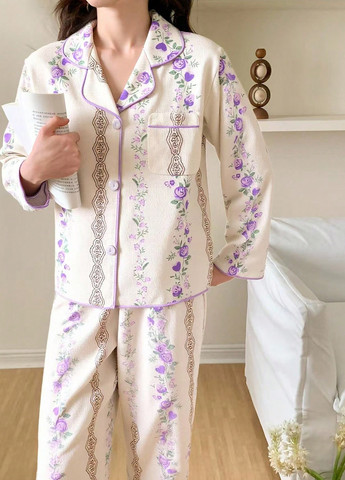 Кремовая всесезон пижама (рубашка, брюки) рубашка + брюки SHEIN