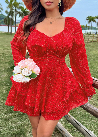 Червона кежуал сукня а-силует, з відкритими плечима SHEIN в горошок