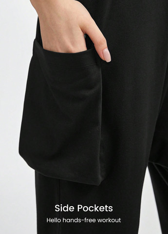 Комбінезон SHEIN комбінезон-брюки логотип чорний спортивний поліестер, трикотаж