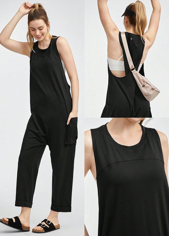 Комбінезон SHEIN комбінезон-брюки логотип чорний спортивний поліестер, трикотаж