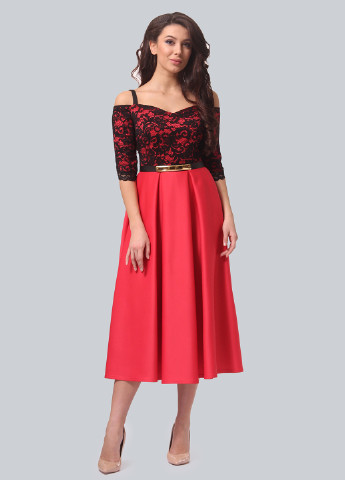 Червона коктейльна сукня, сукня кльош Lila Kass з квітковим принтом