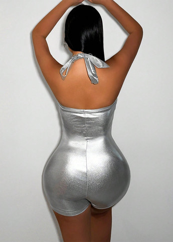 Комбінезон SHEIN комбінезон-шорти однотонний срібний коктейльний, вечірній поліестер