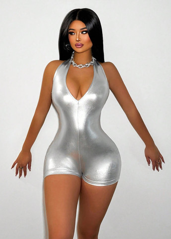 Комбінезон SHEIN комбінезон-шорти однотонний срібний коктейльний, вечірній поліестер