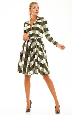 Оливковое (хаки) кэжуал платье клеш Lady Style в клетку