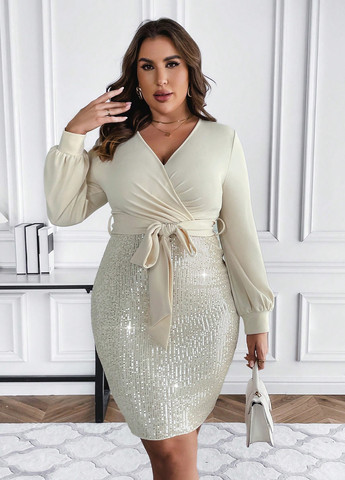 Кремовое вечернее, праздничный платье на запах SHEIN однотонное