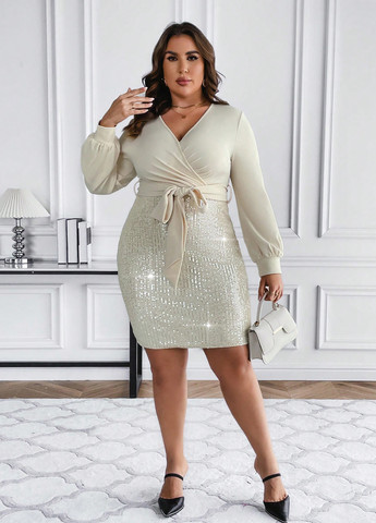 Кремовое вечернее, праздничный платье на запах SHEIN однотонное