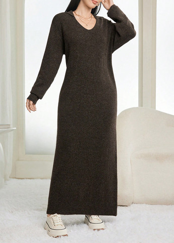 Оливковое (хаки) кэжуал платье платье-свитер SHEIN однотонное