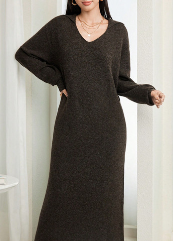 Оливковое (хаки) кэжуал платье платье-свитер SHEIN однотонное