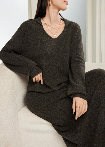 Оливковое (хаки) кэжуал платье платье-свитер SHEIN однотонное