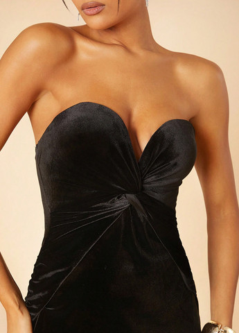 Черное коктейльное, вечернее платье бандо SHEIN однотонное